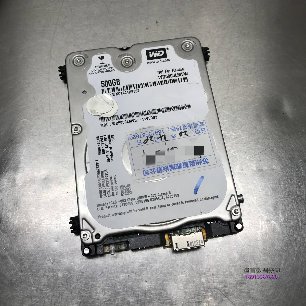 WD Elements 500G移动硬盘磁头损坏敲盘异响开盘数据恢复成功