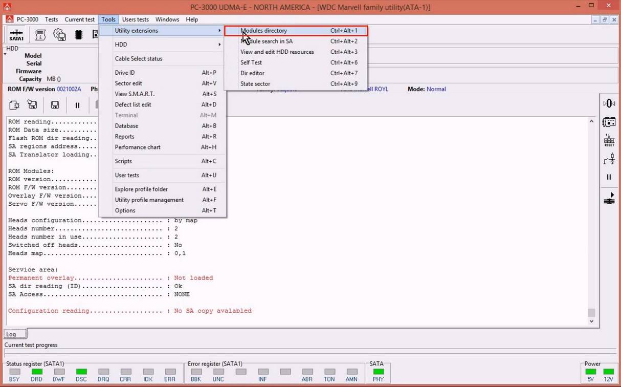 使用5. x版本PC-3000 for HDD从SA构建ROM镜像WD Marvell硬盘驱动器上的数据与内部ROM