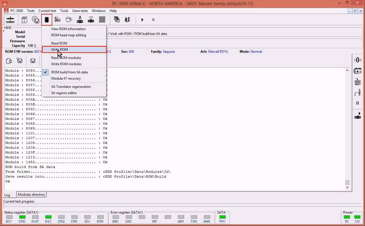 使用5. x版本PC-3000 for HDD从SA构建ROM镜像WD Marvell硬盘驱动器上的数据与内部ROM
