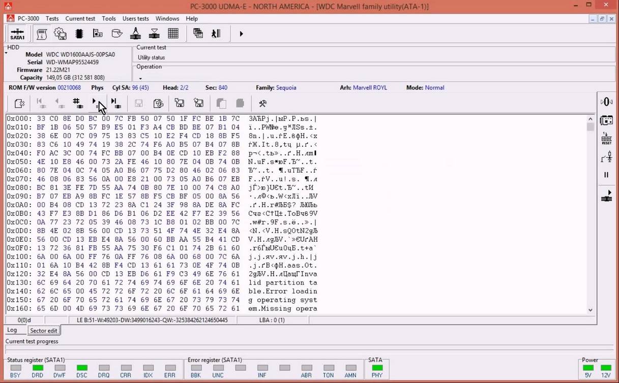 使用5. x版本PC-3000 for HDD从SA构建ROM镜像WD Marvell硬盘驱动器上的数据与内部ROM